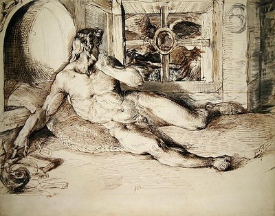 Un joven recostado sorprendido por un búho de George Richmond