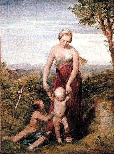 Una mujer con dos niños en un paisaje montañoso de George Richmond