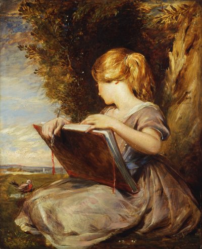 Una Joven Sentada bajo un Árbol con un Cuaderno de Bocetos de George Richmond