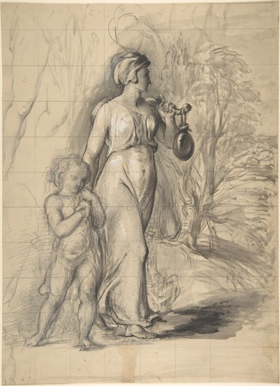 Agar e Ismael en el desierto (anverso); dos estudios de retrato de la esposa del artista y un estudio de una pierna y un torso (reverso) de George Richmond