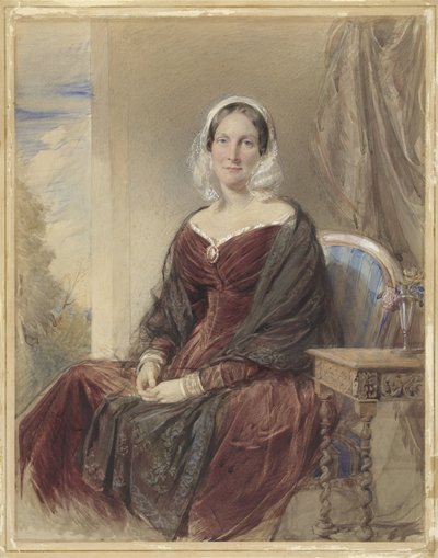Retrato de una dama sentada cerca de una vista exterior de George Richmond