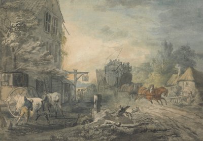 Una diligencia y cuatro personas atraviesan un pueblo en la carretera Bath-Londres de George Robertson