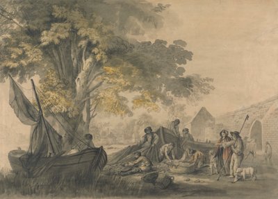 Barcos, pescadores y guisantes cerca de un azud de George Robertson
