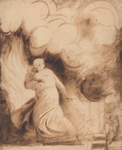Una madre con su hijo en brazos volando sobre las murallas de una ciudad en llamas (Lady Hamilton como "Andrómaca" escapando de la quema de Troya; El fuego) de George Romney