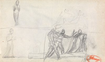 Escena colectiva y dos bocetos de una figura de pie de George Romney
