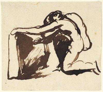 Figura desnuda arrodillada que escribe en una tablilla grande de George Romney