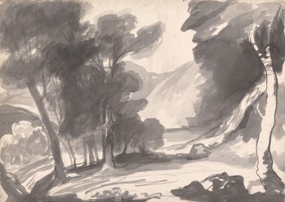Estudio paisajístico: bosquecillo, lago y montañas de George Romney