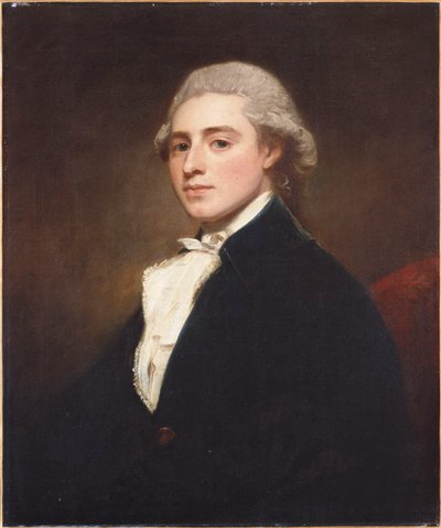 Retrato de James Dashwood, medio cuerpo, con chaqueta azul y jabot blanco de George Romney
