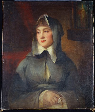 Retrato de una dama, medio cuerpo, como monja, sosteniendo un rosario, junto a un santuario en un interior de George Romney