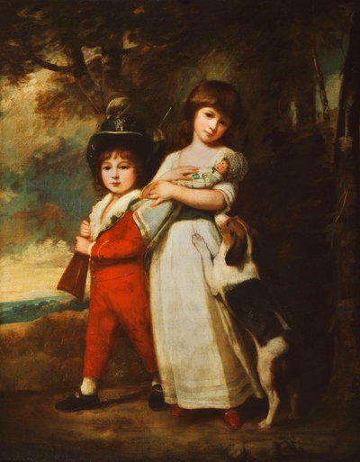 Retrato de los niños Vernon, la niña de pie de cuerpo entero en un vestido blanco con una faja azul, sosteniendo una muñeca, el niño en una chaqueta roja y pantalones cortos, una camisa blanca y un sombrero verde oscuro, sosteniendo una pistola, con un per de George Romney