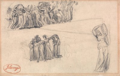 Dos bocetos de mujeres y niños huyendo y figura femenina de pie tocando la pandereta como para Lady Anne Leveson en "Dancing Gower Children" de George Romney