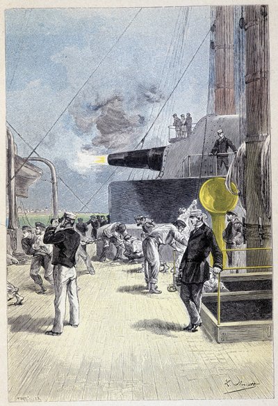 Un primer disparo en blanco sale de la torreta (página 277) en “La Isla a Hélice” de Jules Verne de George Roux