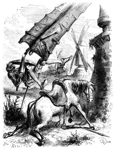 Batalla contra los molinos: Don Quijote y Rossinante son arrojados al suelo por el ala de un molino de George Roux