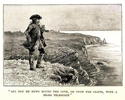 El capitán Billy Bones observa la llegada de los piratas desde el acantilado de George Roux
