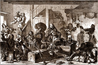 Dragonnades: persecuciones dirigidas contra las comunidades protestantes del Reino de Francia durante la década de 1680. Siglo XIX (grabado) de George Roux