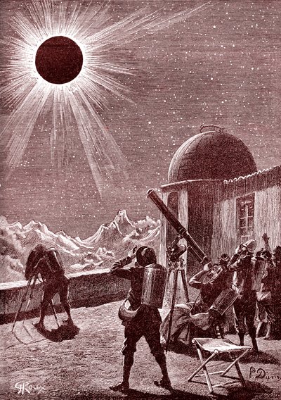 Exploradores en el desierto africano observan el eclipse. 1888 (grabado) de George Roux