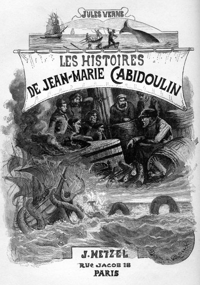 Frontispicio de la novela de Julio Verne "Les histoires de Jean-Marie Cabidoulin" (1901), Colección Hetzel/Extraordiaires, ilustración de George Roux. "Evocación de escenas marítimas: arponeo de una ballena, ataque de un barco por una serpiente marina". de George Roux