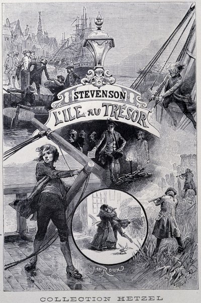 Frontispicio de "La Isla del Tesoro" por Robert Louis Stevenson. Grabado por George Roux de George Roux