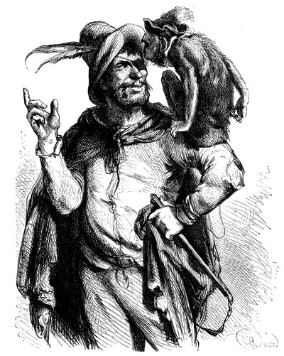 Ilustración de George Roux (1853-1929) para el Quijote de Cervantes: Maese Pedro y su mono - el mono en la literatura - de George Roux