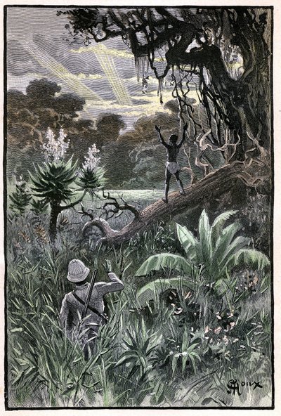 Ilustración de George Roux para el libro de Julio Verne "The Aerien Village" (1901), edición Hetzel/Extraordinary Voyages, Known and Unknown Worlds. Vista de un bosque africano (Congo). de George Roux