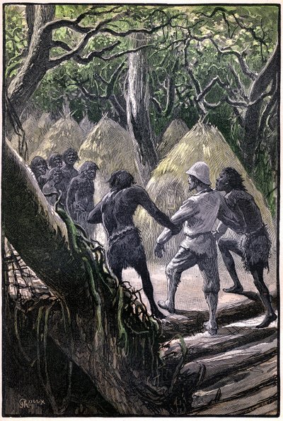 Ilustración de George Roux para el libro de Julio Verne "The Aerien Village" (1901), edición Hetzel/Extraordinary Voyages, Known and Unknown Worlds. Llegada de los exploradores a la aldea encaramada en los árboles de los Wagddis (monos de la selva congoleñ de George Roux