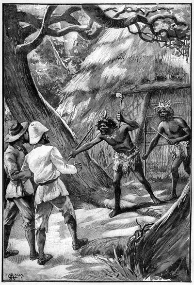 Ilustración de George Roux para el libro de Julio Verne The Aerien Village (1901), edición Hetzel/Extraordinary Voyages, Known and Unknown Worlds. Dos centinelas Wagdiss amenazan a los exploradores con sus armas ramificadas de George Roux