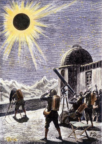 Gente observando el eclipse - en “Los Exiliados de la Tierra” de André Laurie, ilustración de Georges Roux. Ediciones Hetzel de George Roux