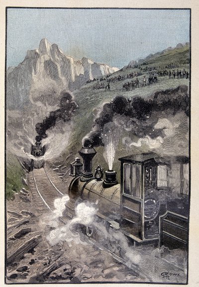 Persona en la locomotora (página 435) en "Testamento de un excéntrico" por Jules Verne de George Roux