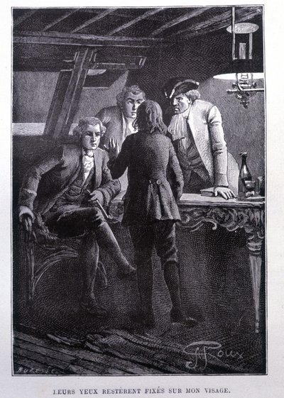 Escena de historia en la plaza del barco: joven Jim Hawkins frente al Dr. Livesey y el Caballero Trelawnay - en “La Isla del Tesoro” de Stevenson por Georges Roux, ed. Hetzel de George Roux