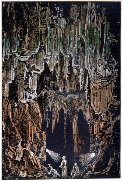 Las lámparas estaban colgadas en una protuberancia de lava en "Viaje al Centro de la Tierra" de Jules Verne de George Roux