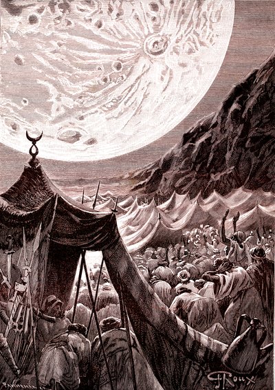 La luna en el desierto de Nubia,SUDAN.Los musulmanes rezan.1888 (grabado) de George Roux