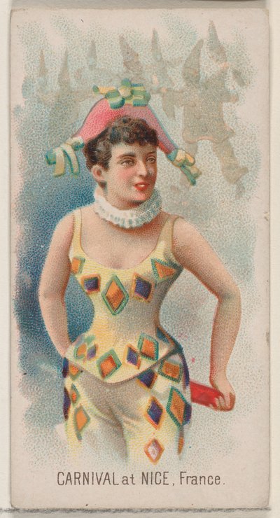 Carnaval en Niza, Francia, de la serie de vacaciones N80 para cigarrillos marca Duke, 1890 de George S. Harris and Sons