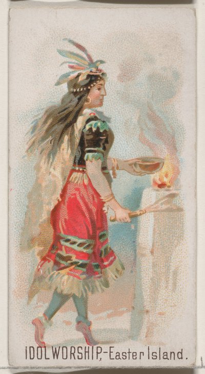Adoración de ídolos, Isla de Pascua, de la serie de Fiestas N80 para cigarrillos de la marca Duke, 1890 de George S. Harris and Sons