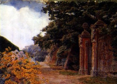 Un borde de jardín con una pared y una puerta de George Samuel Elgood