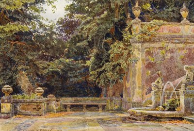 Jardines de Italia: Al pie de la cascada, Villa Corsini (litografía en color) de George Samuel Elgood
