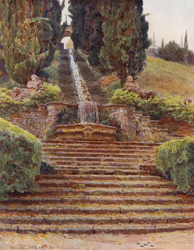Jardines italianos: La Cascada, Villa Cicogna (litografía en color) de George Samuel Elgood