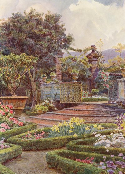 Jardines italianos: La Puerta del Jardín, Villa di Caniparola (litografía en color) de George Samuel Elgood