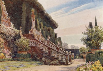 Jardines italianos: La Gran Escalera, Villa Garzoni (litografía en color) de George Samuel Elgood