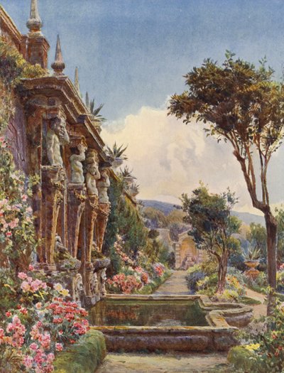 Jardines de Italia: La Terraza Inferior, Villa Imperiali (litografía en color) de George Samuel Elgood