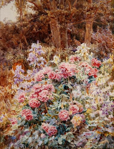 Peonías e iris de George Samuel Elgood