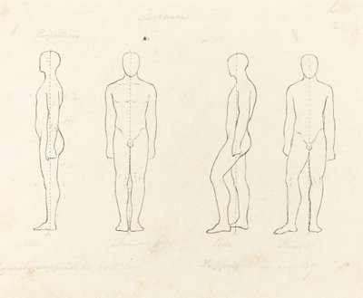 Extensión del movimiento, vista frontal y lateral equilibrada, apoyada en una pierna de George Scharf after John Flaxman
