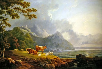 Un paisaje extenso con ovejas y vacas de George Senior Barrett