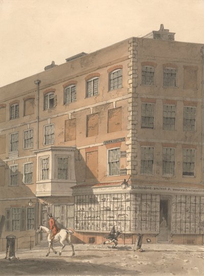 York House, esquina de Villiers Street y Strand, con el almacén de grabados antiguos y modernos de Richardson en primer plano. de George Shepheard