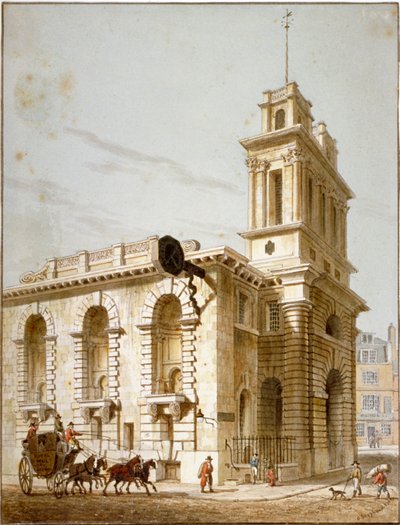 Vista noroeste de la Iglesia de Santa María Woolnoth, Ciudad de Londres, 1812 de George Shepherd