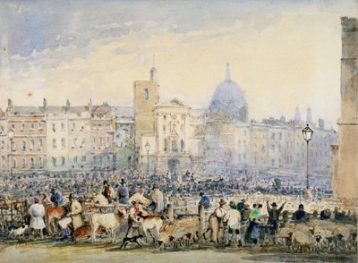 Vista del mercado de Smithfield con figuras y animales, Ciudad de Londres, 1824 de George Sidney Shepherd