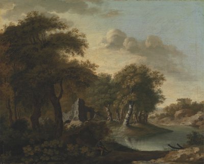 Una vista cerca de Arundel, Sussex, con ruinas junto al agua de George Smith
