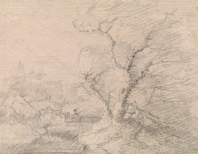 Paisaje con pasarela y gran árbol de George Smith