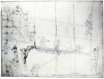 Montando andamios fuera de la casa de Craig, Francis Street, Londres, 1841 de George Snr Scharf