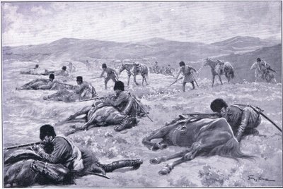 Un cosaco y su caballo: un dispositivo para asegurar cobertura durante una escaramuza, ilustración de Cassells History of the Russo-Japanese War Vol 1, c.1900 de George Soper