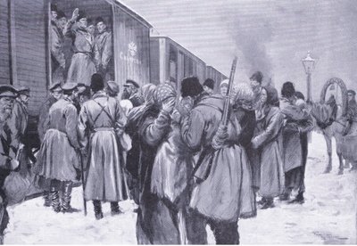 Salida de tropas rusas hacia el Lejano Oriente, ilustración de la Historia de la Guerra Ruso-Japonesa de Cassell Vol 1, c.1900 de George Soper
